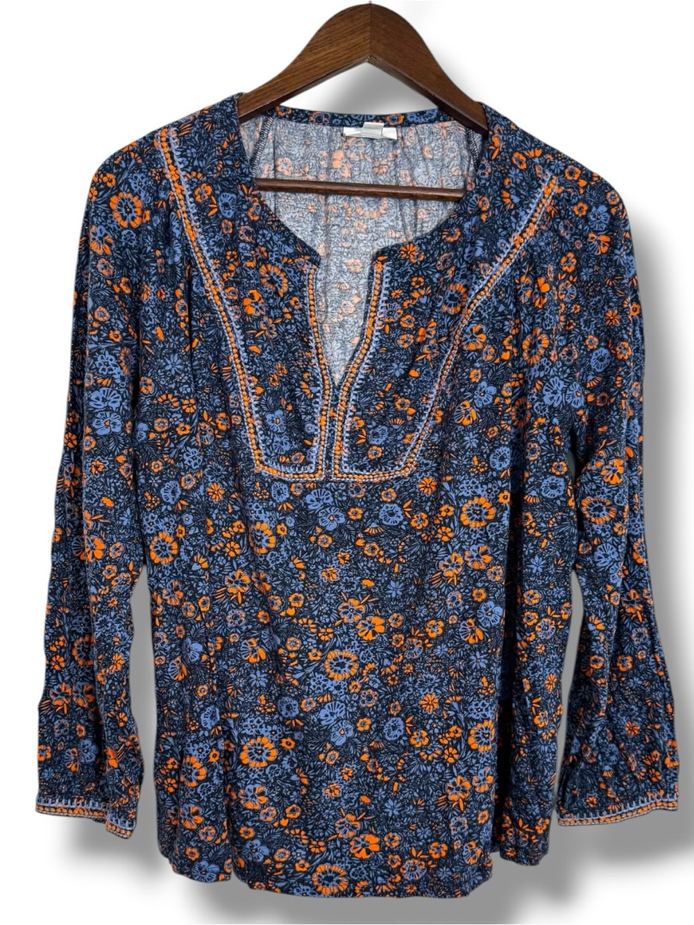 J Jill Blue Orange Floral Embroidered Split Neck Blouse Top Women XL Modal Blend